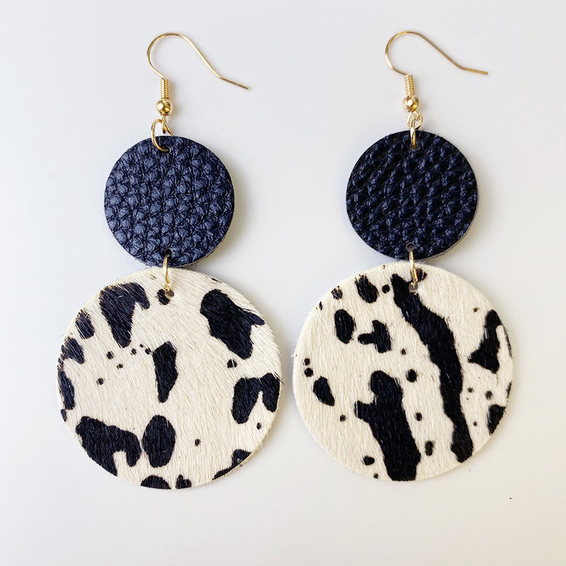 Wholesale 2pcs Cow Grain Leather Top Layer Cowhide Round Water Droplet Cow Head Retro Horsehair Quality Texture Fashionable Earrings